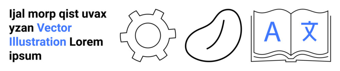 Gear, bean, open book with language symbols alongside random text lines. Ideal for education, technology, language study, automation, creativity, modern design simple landing page © robu_s