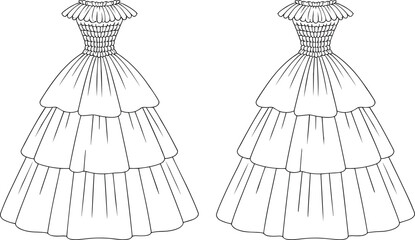 Strapless ball gown technical fashion illustration with layered ruffle skirt showing front and back views isolated on white background