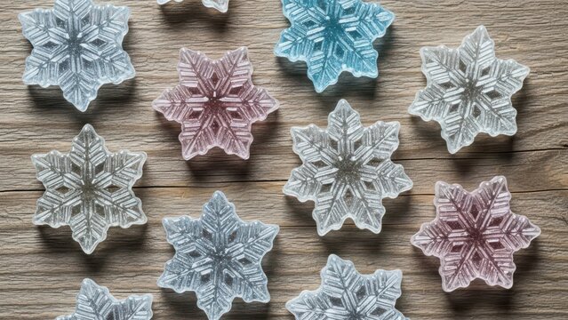 Colorful snowflake decorations on wooden surface - Powered by Adobe