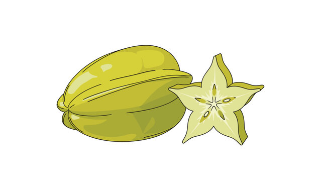 Yellow starfruit or carambola shown with one whole ribbed fruit and a slice cut into a perfect five pointed star shape on a plain white background.
