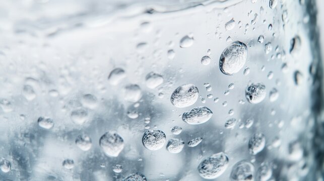 Macro droplets on chilled bottle surface, shallow depth, glistening beads, muted gray tones, subtle reflections, textured film, lab technician reference for material analysis and product research,