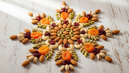 Colorful nut and fruit snowflake arrangement