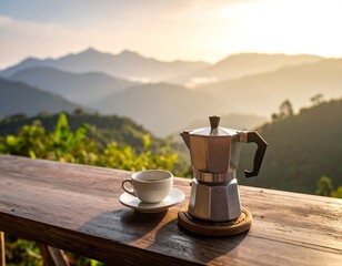Morning scene with a cup and coffee pot on a wooden table, overlooking layered mountain range at sunrise