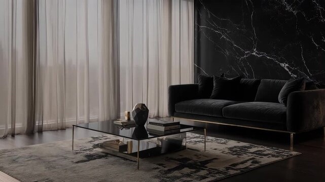 A dark, luxurious living room with velvet sofa & marble wall