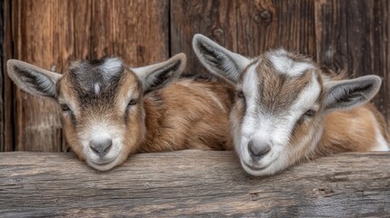 Two adorable baby goats resting on wooden planks