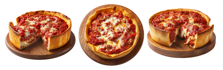 Thick crust deep dish Chicago pizza with cheese and tomato sauce isolated on white background, American street food