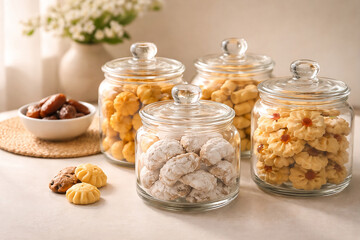 An appealing collection of diverse homemade cookies and delightful sweet treats, elegantly showcased in clear glass jars for any joyous gathering