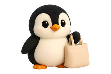Obraz premium Cute 3d animated penguin character carrying a blank tote bag, ready for shopping isolated on transparent background