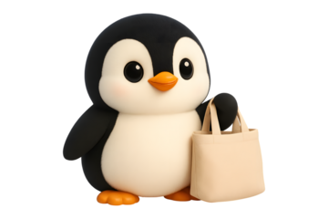 Cute 3d animated penguin character carrying a blank tote bag, ready for shopping isolated on transparent background