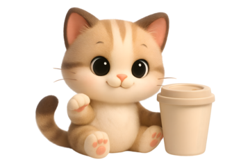 Fluffy striped kitten with big, innocent eyes holds a cozy coffee cup, radiating charm and morning warmth. isolated on transparent background