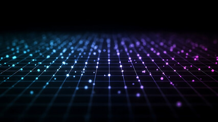 Abstract grid background with glowing dots in blue and purple.