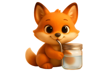 Cute little cartoon fox enjoying a refreshing drink from a reusable straw and jar isolated on transparent background