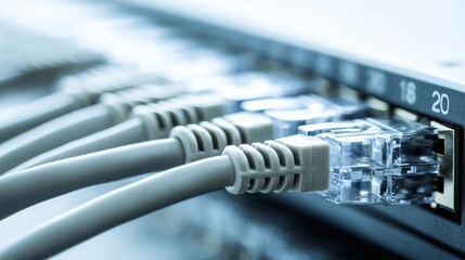 Close-up of ethernet RJ45 cables connected to numbered switch ports, showing wired network infrastructure, data transfer hardware, and structured connectivity.