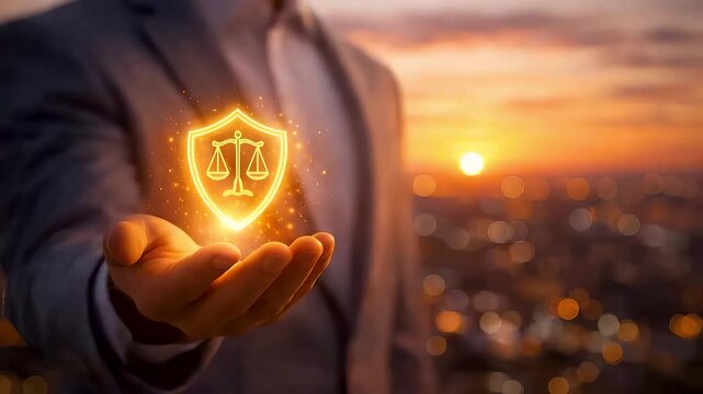 Business professional holding glowing justice scales above city at sunset showing ethical leadership legal responsibility and balanced decision making
