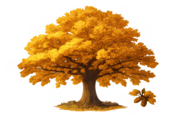 Deciduous oak tree standing with bright yellow leaves, highlighting the change of seasons and natural cycles, isolated