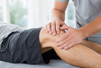 Professional physiotherapist performing manual therapy on a male patient's knee in a clinic, rehabilitation and injury recovery for sports medicine and joint health