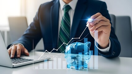 Businessman analyzing financial data on a laptop with a virtual graph