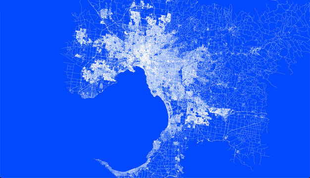 Blueprint map of Melbourne city showing road network and urban layout in detailed technical style