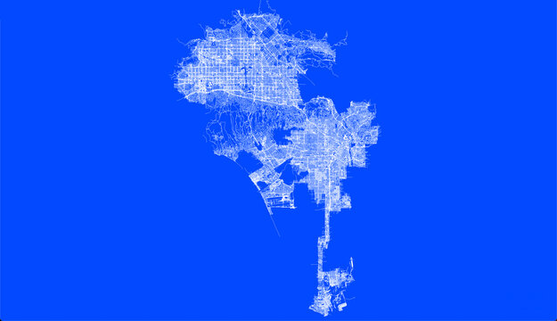 Blueprint map of Los Angeles city showing road network and urban layout in minimalist white-on-blue style
