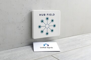 White hub field tile with network diagram and business card