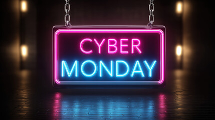 Bright cyber monday neon flash light banner for seasonal sale discounts and offers