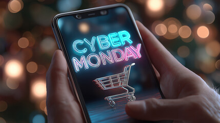 Online shopping cyber monday scene with man hands and smartphone cart display visuals