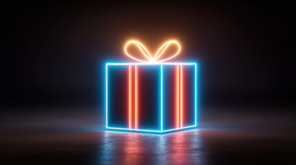 Cyber monday black friday and christmas banner featuring glowing neon gift box on black