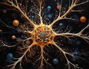 An abstract image features a central network of glowing lines branching outwards, surrounded by scattered spherical shapes