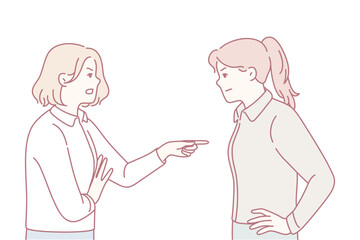 Intense indoor disagreement scene, Heated argument with raised voices and defensive postures indoors, Tense exchange between two people involving finger pointing and emotional conflict indoors