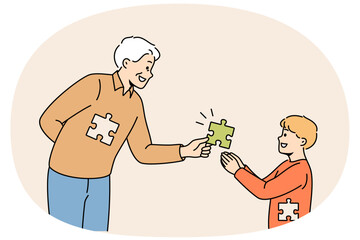 Grandfather gives part of himself grandson, wanting to take care of boy and making sacrifices for future generations. Kind grandfather is ready to do anything to help grandchildren develop