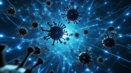 3D Render of Virus Particles Spreading Through a Glowing Blue Digital Network - Powered by Adobe