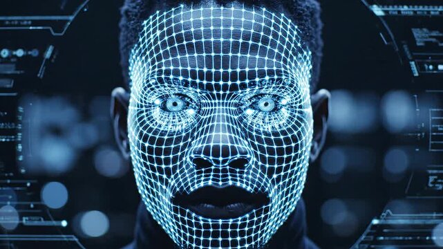 Advanced Facial Recognition Technology Scanning a Human Face with a Glowing Blue Digital Grid Overlay, Representing Biometric Security, Artificial Intelligence, and Future Identity Verification Syste.