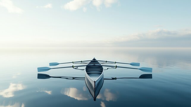 Single scull centered on glassy water, oars symmetrically extended, morning mist and pastel sky reflecting on mirror surface, empty boat poised for sunrise training, tranquil minimal composition