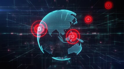 Global Digital Network and Data Communication with Red Hotspots on Rotating Earth Globe - Powered by Adobe