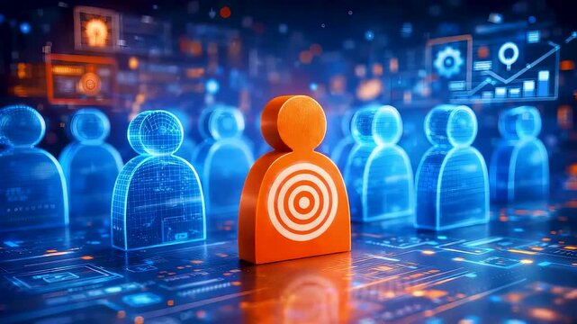 Digital audience targeting concept with highlighted individual among virtual people network showing customer focus data driven marketing strategy