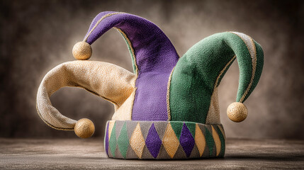 Jester hat symbolizing Mardi Gras carnival, festive celebration concept with colorful costume accessory representing fun, tradition, party atmosphere and cultural festival