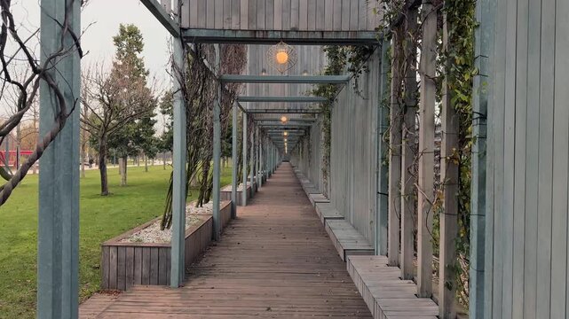A walk through a picturesque city park in Krasnodar, Russia. Modern architecture, lush greenery, and captivating views. Habitat. Man and nature. Urban geometry
