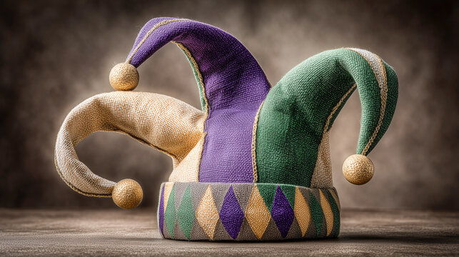 Jester hat symbolizing Mardi Gras carnival, festive celebration concept with colorful costume accessory representing fun, tradition, party atmosphere and cultural festival