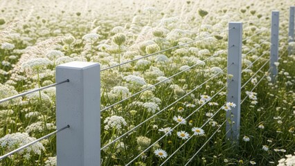Fototapeta premium Fencing with metal wiring in a lush green field filled with white wildflowers. Natural outdoor setting with agricultural or garden boundary.