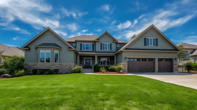 A luxury new brick residential home with suburban architecture features a green grass lawn and garden yard under a blue sky on a beautiful hillside estate property