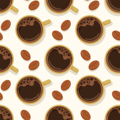 Obraz premium Seamless flat lay pattern with cups and coffee beans. Cafe vector illustration.