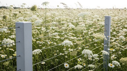 Fototapeta premium Meadow field with cow parsley and daisy flower. Beautiful rural landscape with concrete fence post and wire for nature or spring concept background.
