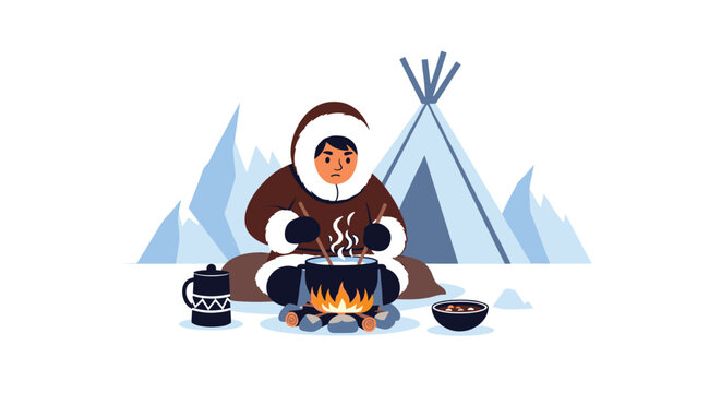Inuit person in traditional winter clothing cooking a meal in a pot over a campfire in a snowy arctic landscape.