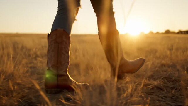 Person Walking in Cowboy Boots Through Dry Field at Sunset
