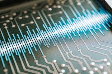 Digital sound waves visualized on a circuit board, representing technology and audio processing