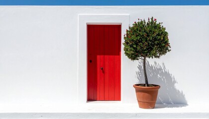 Minimalist Red Door on White Stucco Wall with Potted Plant and Clear Blue Sky