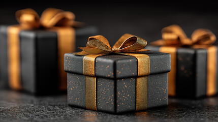 Black Christmas boxes with golden ribbon on black background for Black Friday and Cyber Monday