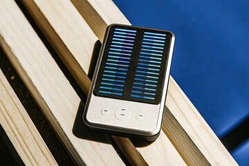 Portable solar device with blue photovoltaic panels, capturing sunlight on wooden planks beside a vivid blue backdrop, highlighting sustainable mobile energy