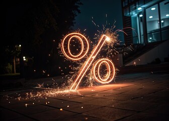 Glowing Percentage Symbol with Sparks on a Pavement at Night