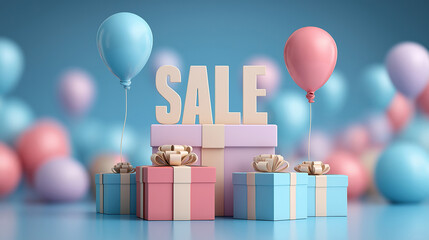 Blue and pink podium with gifts balloons and sale text for Black Friday Cyber Monday and shopping